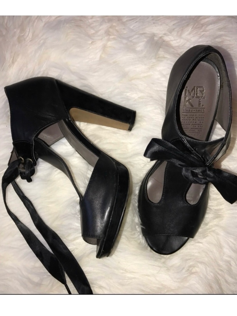 MRKT Black Ribbon-Tie Peep Toe High Heels - Picture 2 of 7